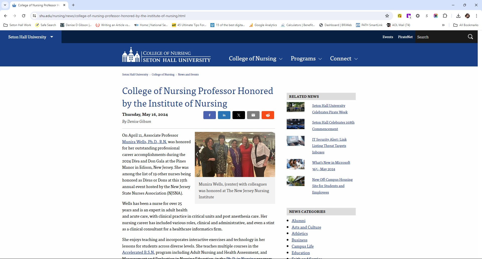Screenshot of article: College of Nursing Professor Honored by the Institute of Nursing
