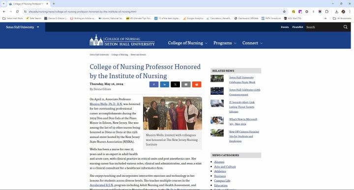 Screenshot of article: College of Nursing Professor Honored by the Institute of Nursing